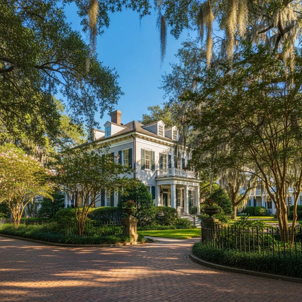 Charming historic home in Savannah, GA, surrounded by greenery and Spanish moss