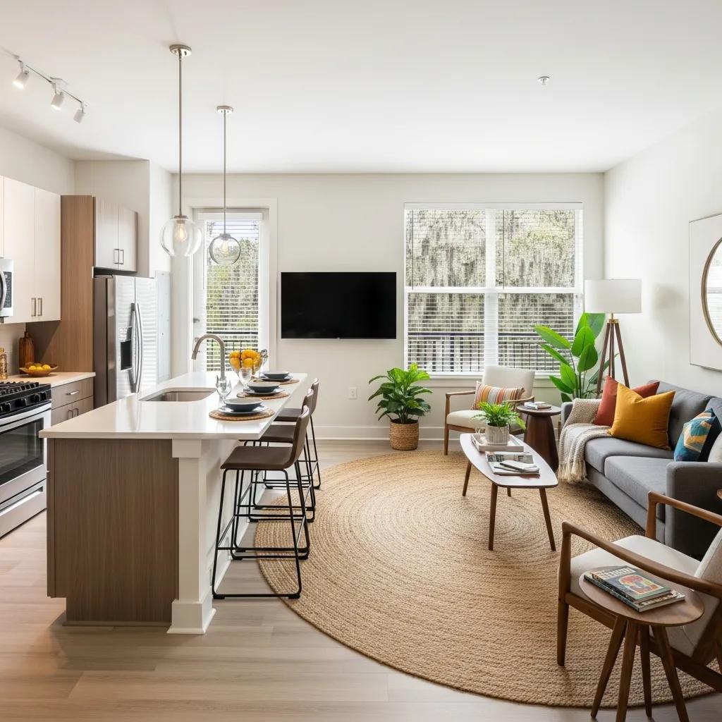 Bright modern apartment interior in Savannah with a well-equipped kitchen