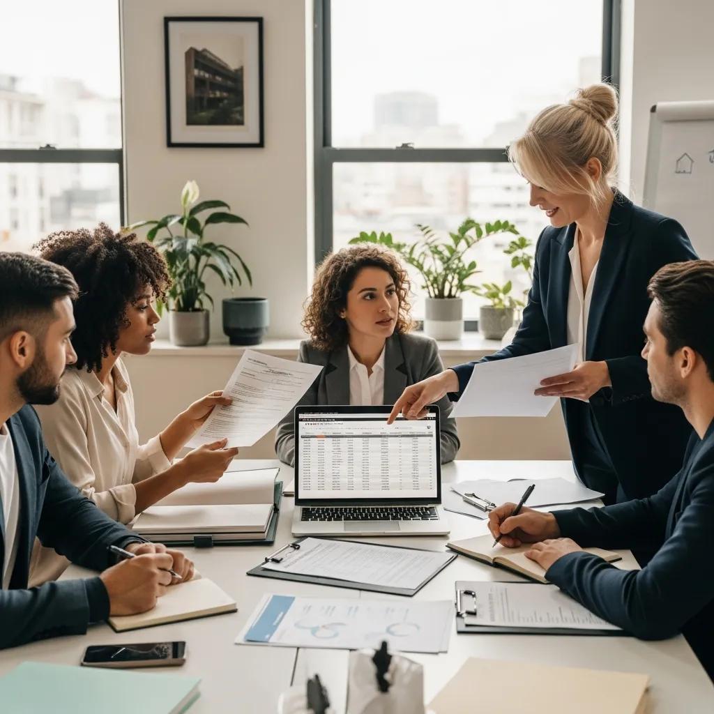 Professionals discussing tenant acquisition and screening in a modern office setting, with documents and a laptop displaying data on the table.