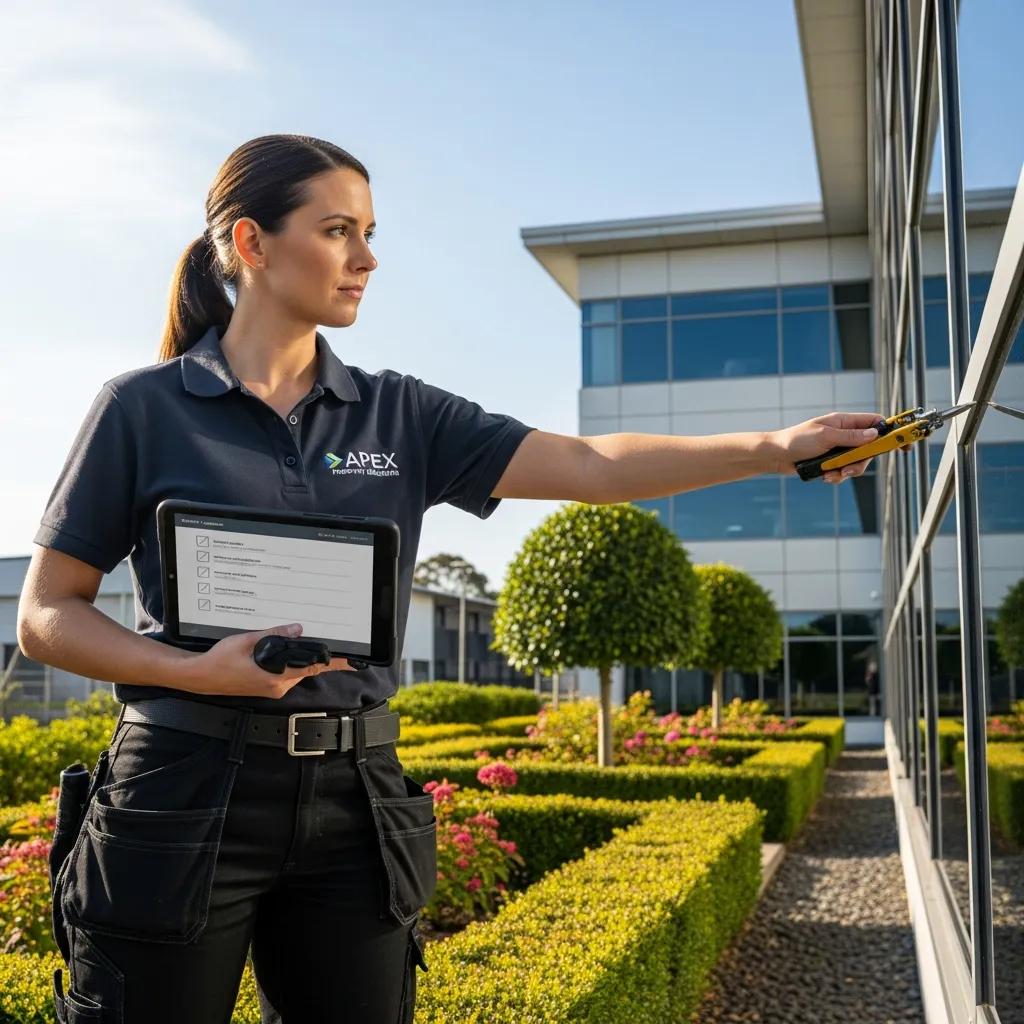 Property manager inspecting commercial property exterior with tablet, coordinating maintenance tasks in landscaped environment.