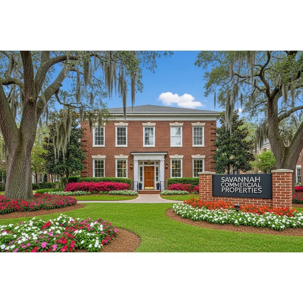 Savannah commercial property featuring a well-maintained brick building surrounded by vibrant landscaping and a sign reading "Savannah Commercial Properties."