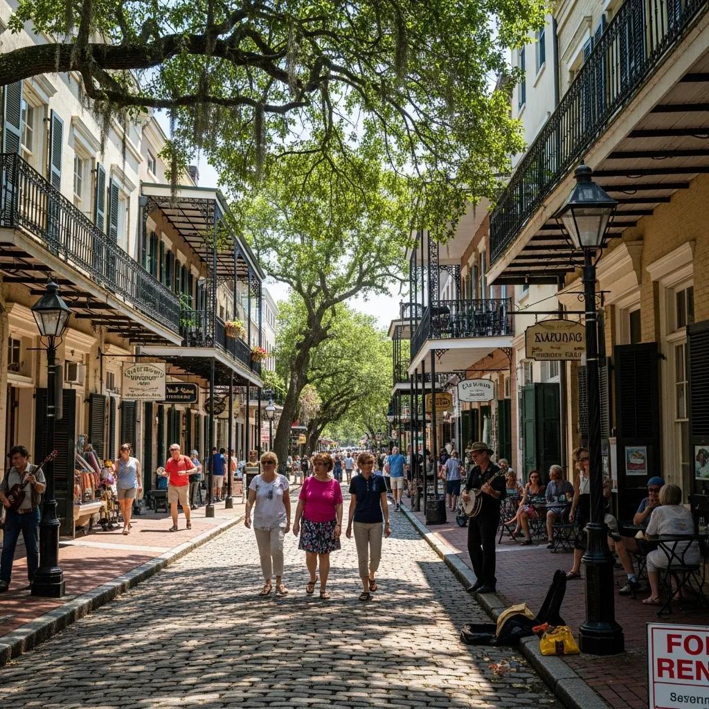 Cobblestone streets and historic homes in Savannah&rsquo;s Historic District