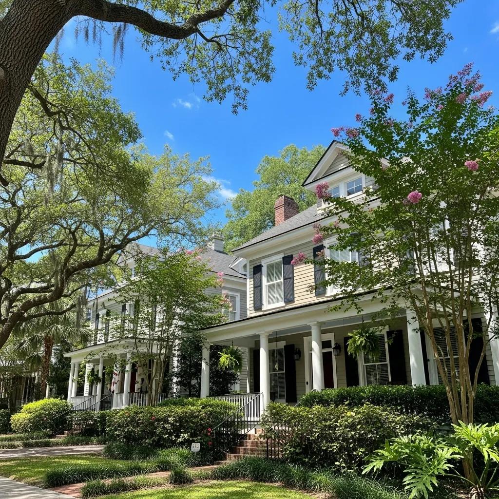Beautiful rental property in Savannah, Georgia, showcasing classic architecture, lush greenery, and vibrant landscaping.