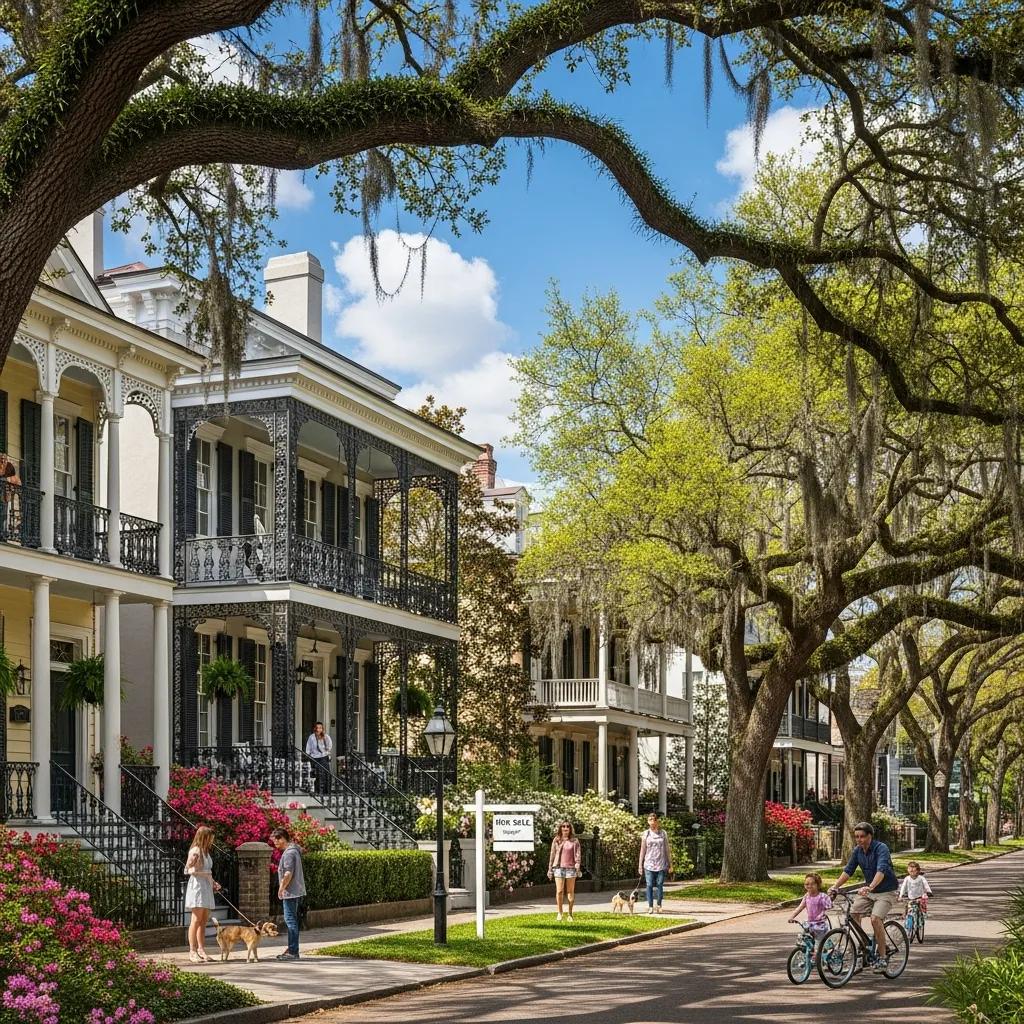 Charming Savannah neighborhood featuring historic homes, lush greenery, families walking dogs, and cyclists, highlighting real estate investment opportunities in Savannah, GA.