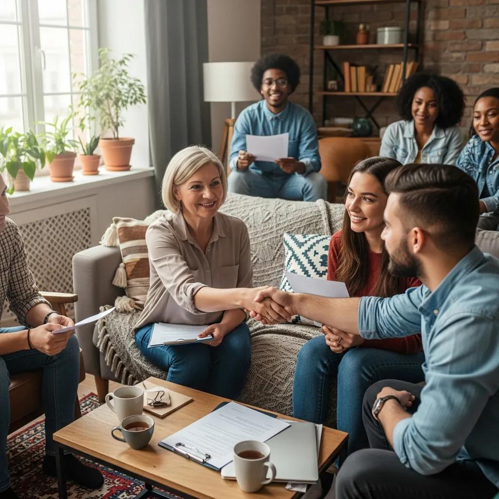 Diverse group discussing rental agreements in a cozy living room, emphasizing landlord-tenant collaboration