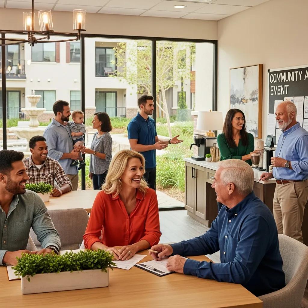 Happy tenants and landlords interacting in a property management setting, showcasing community engagement in Savannah, GA.
