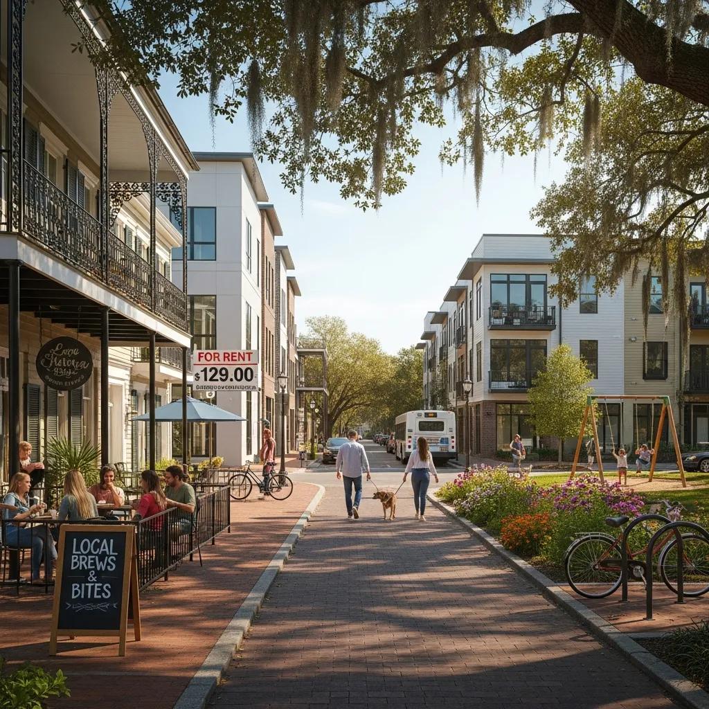 Tree-lined Savannah street showing a mix of historic homes and newer apartments