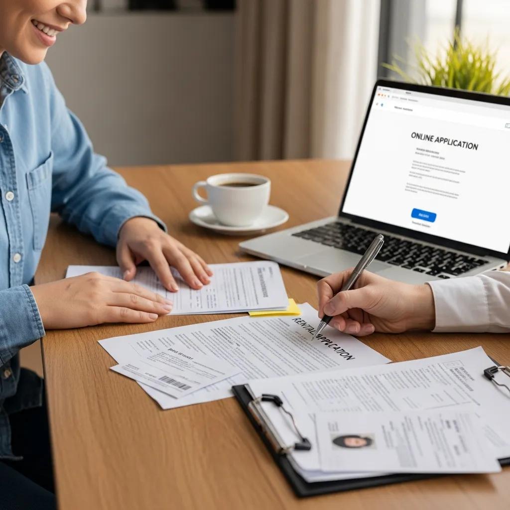 Prospective tenant completing rental application at a desk with essential documents and laptop displaying online application process.