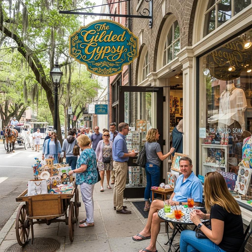 Bustling Savannah storefront and retail activity