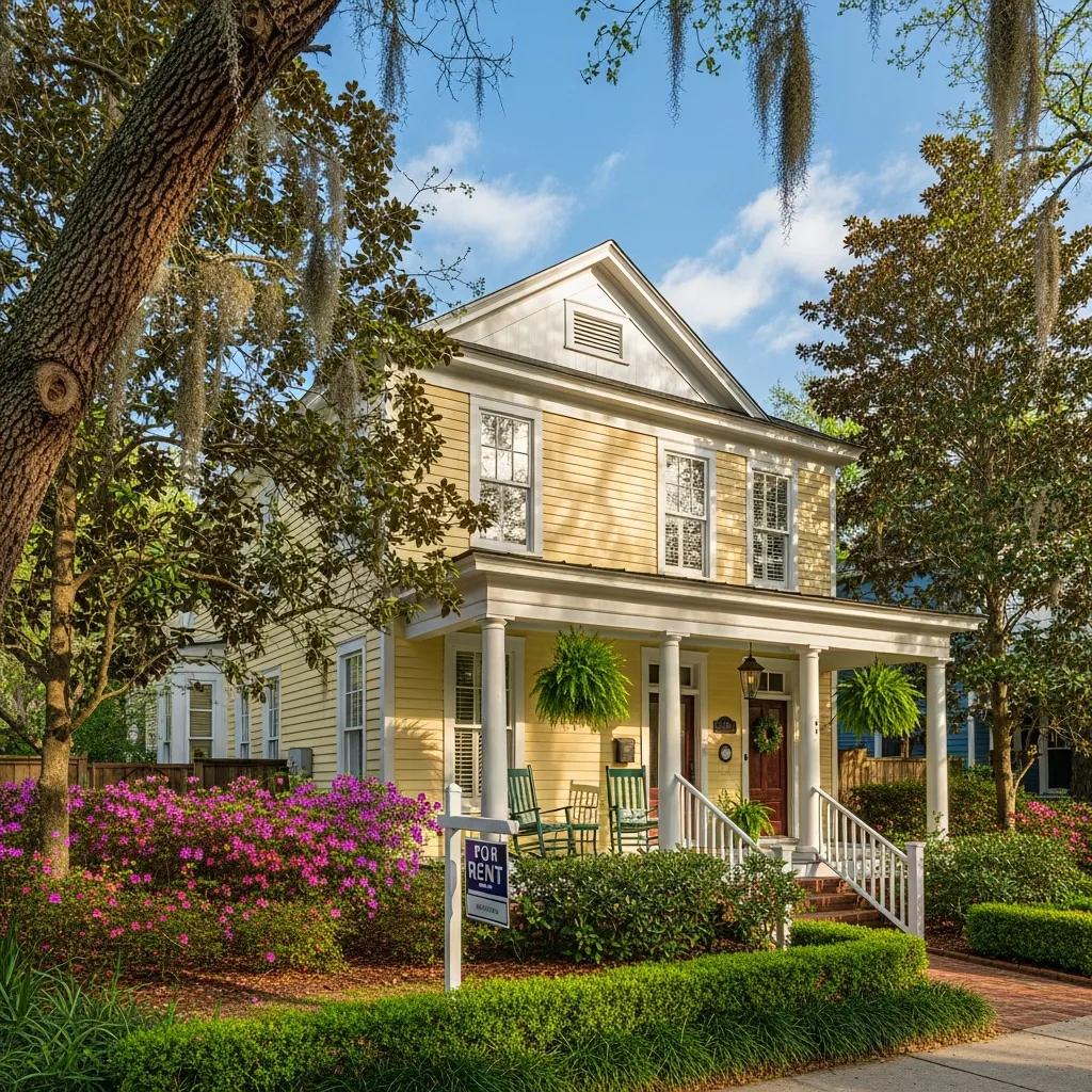 Well-maintained yellow rental property with inviting porch, surrounded by vibrant flowers and greenery, featuring a "For Rent" sign.