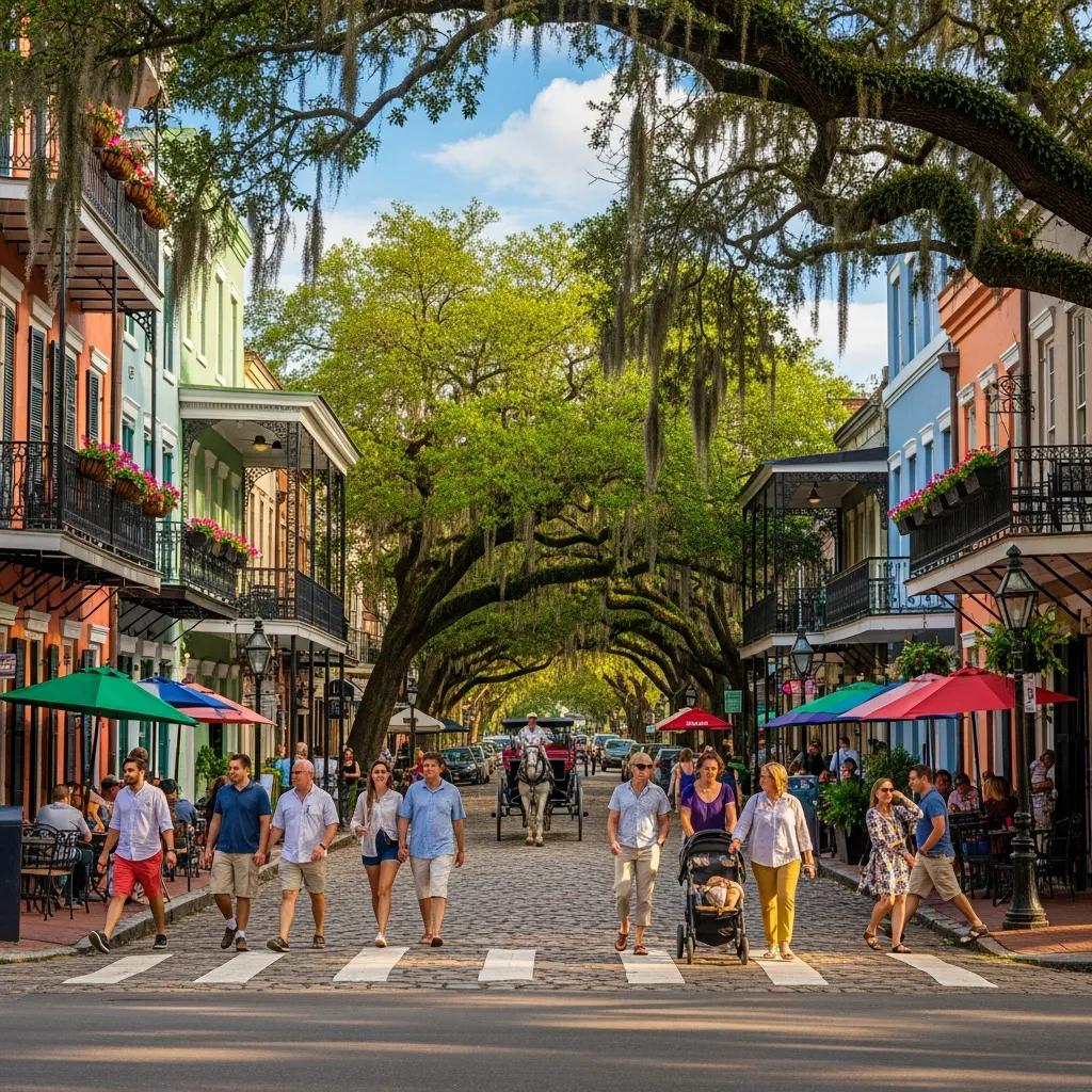 Vibrant street scene in Savannah, Georgia, showcasing historic architecture, outdoor dining, and pedestrians enjoying the lively atmosphere under moss-draped trees.