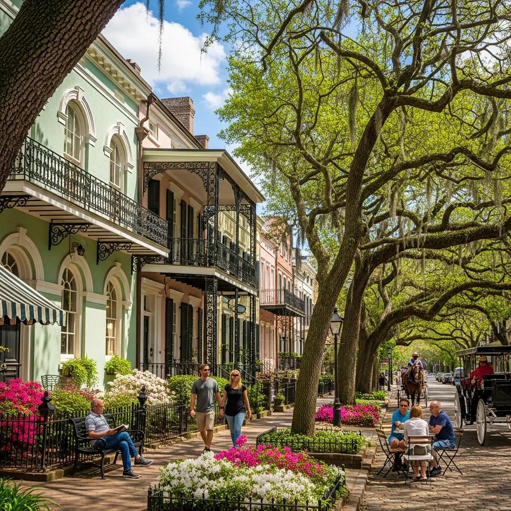 Vibrant street scene in Savannah showcasing historic architecture, lush greenery, and colorful flowerbeds, with pedestrians enjoying the outdoors and a horse-drawn carriage in view.